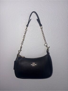 Coach Black Pebbled Leather Shoulder Bag with Gold Chain
